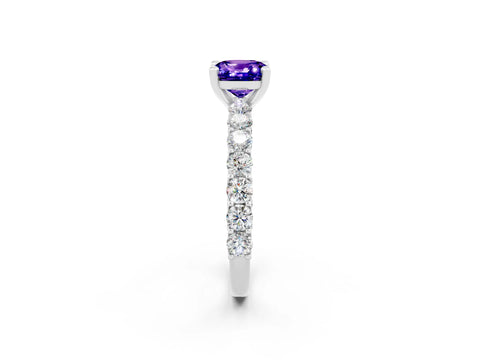 White gold Cushion Cut Tanzanite Solitaire Ring with Shared Prong Pavé Band and Four-Prong Setting_2