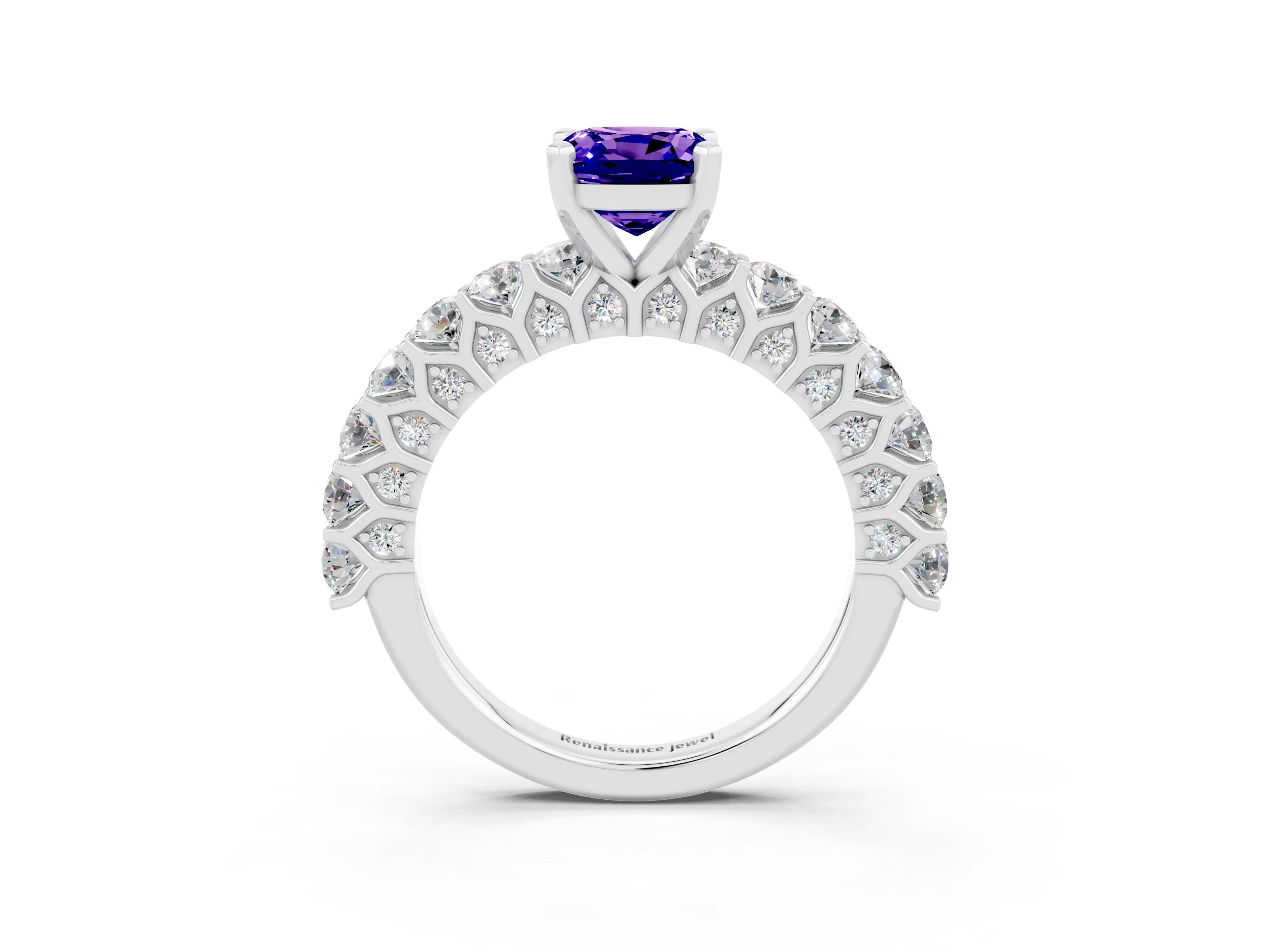 White gold Cushion Cut Tanzanite Solitaire Ring with Shared Prong Pavé Band and Four-Prong Setting_3
