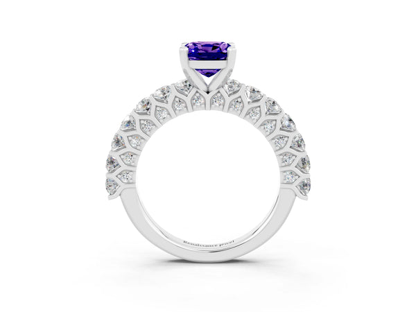 Silver Cushion Cut Tanzanite Solitaire Ring with Shared Prong Pavé Band and Four-Prong Setting