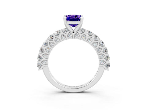 White gold Cushion Cut Tanzanite Solitaire Ring with Shared Prong Pavé Band and Four-Prong Setting_3