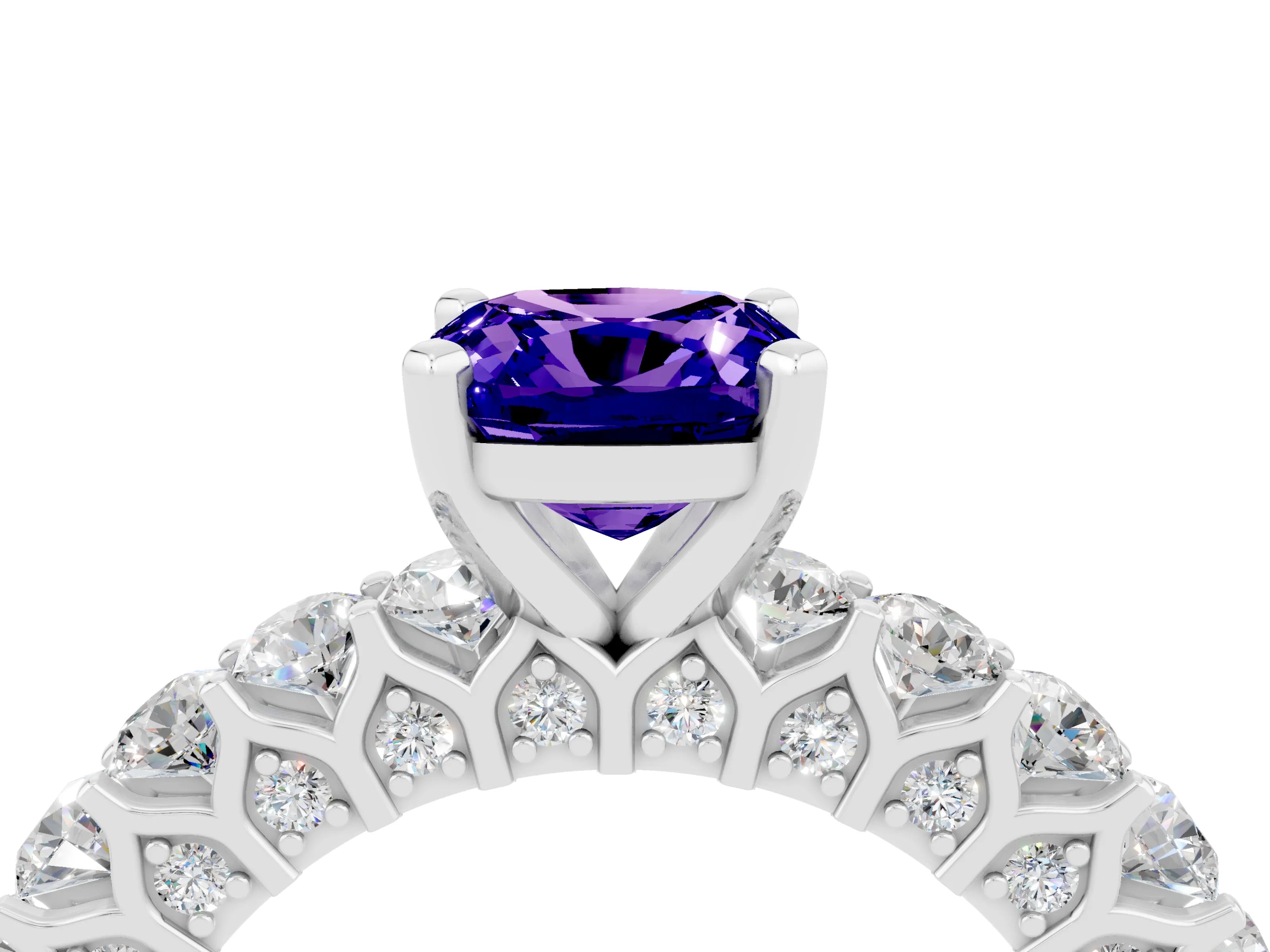 White gold Cushion Cut Tanzanite Solitaire Ring with Shared Prong Pavé Band and Four-Prong Setting_4