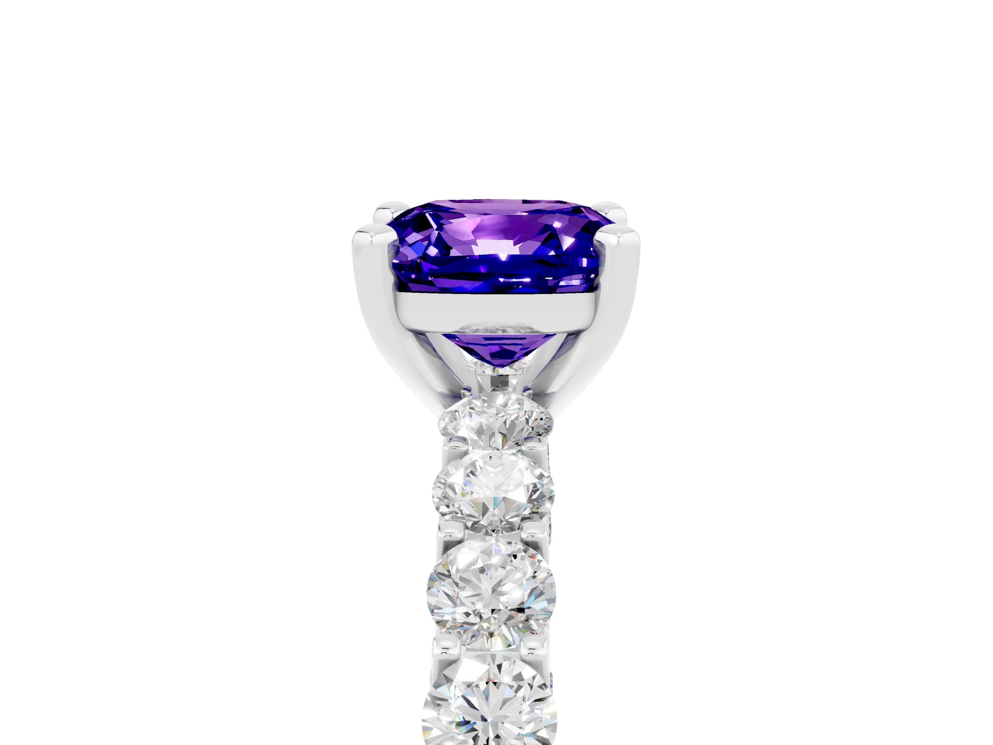 White gold Cushion Cut Tanzanite Solitaire Ring with Shared Prong Pavé Band and Four-Prong Setting_5