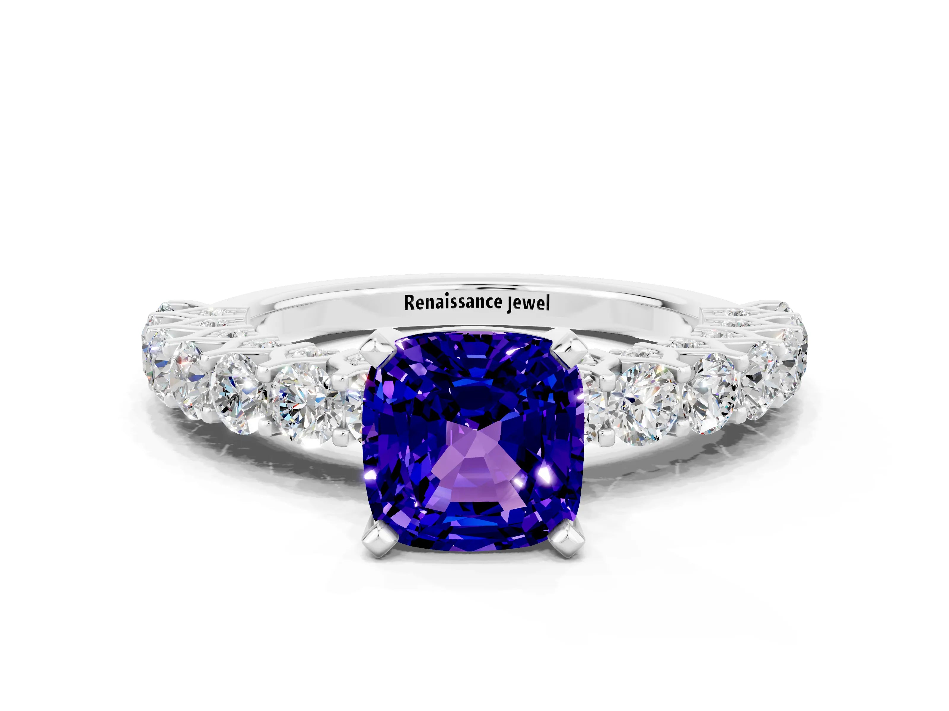 White gold Cushion Cut Tanzanite Solitaire Ring with Shared Prong Pavé Band and Four-Prong Setting
