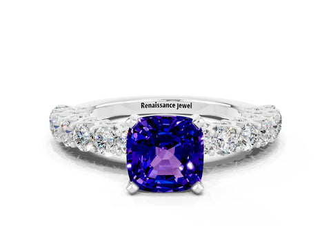 White gold Cushion Cut Tanzanite Solitaire Ring with Shared Prong Pavé Band and Four-Prong Setting
