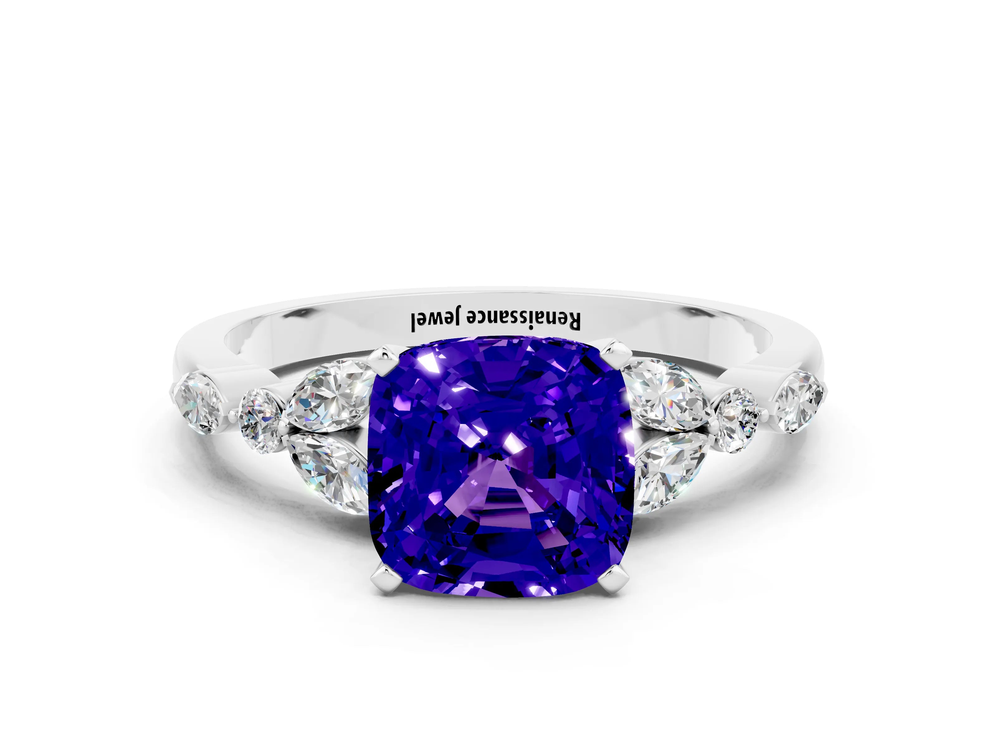 White gold Cushion Cut Tanzanite Solitaire Ring with Side Stones and Four-Prong Setting_12