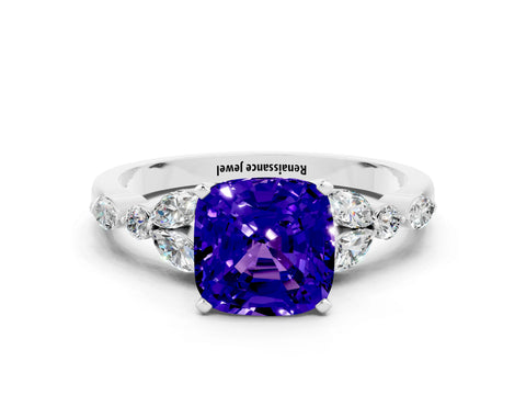 White gold Cushion Cut Tanzanite Solitaire Ring with Side Stones and Four-Prong Setting_12