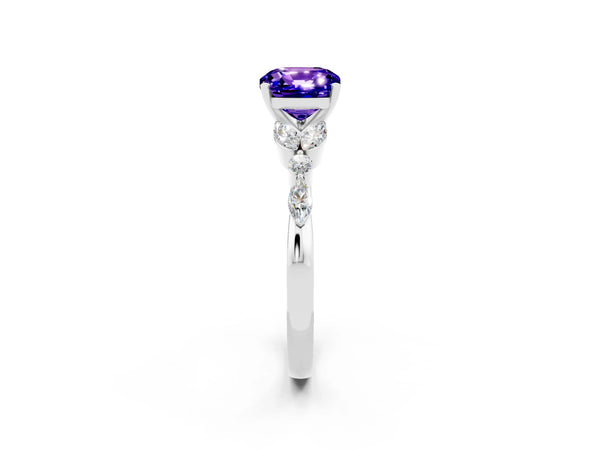 Silver Cushion Cut Tanzanite Solitaire Ring with Side Stones and Four-Prong Setting