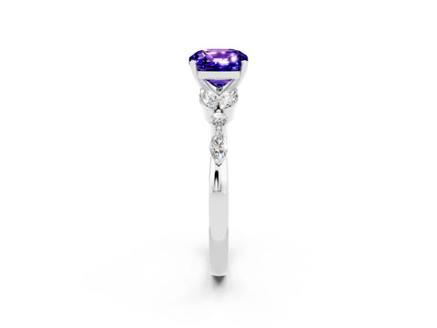 White gold Cushion Cut Tanzanite Solitaire Ring with Side Stones and Four-Prong Setting_14