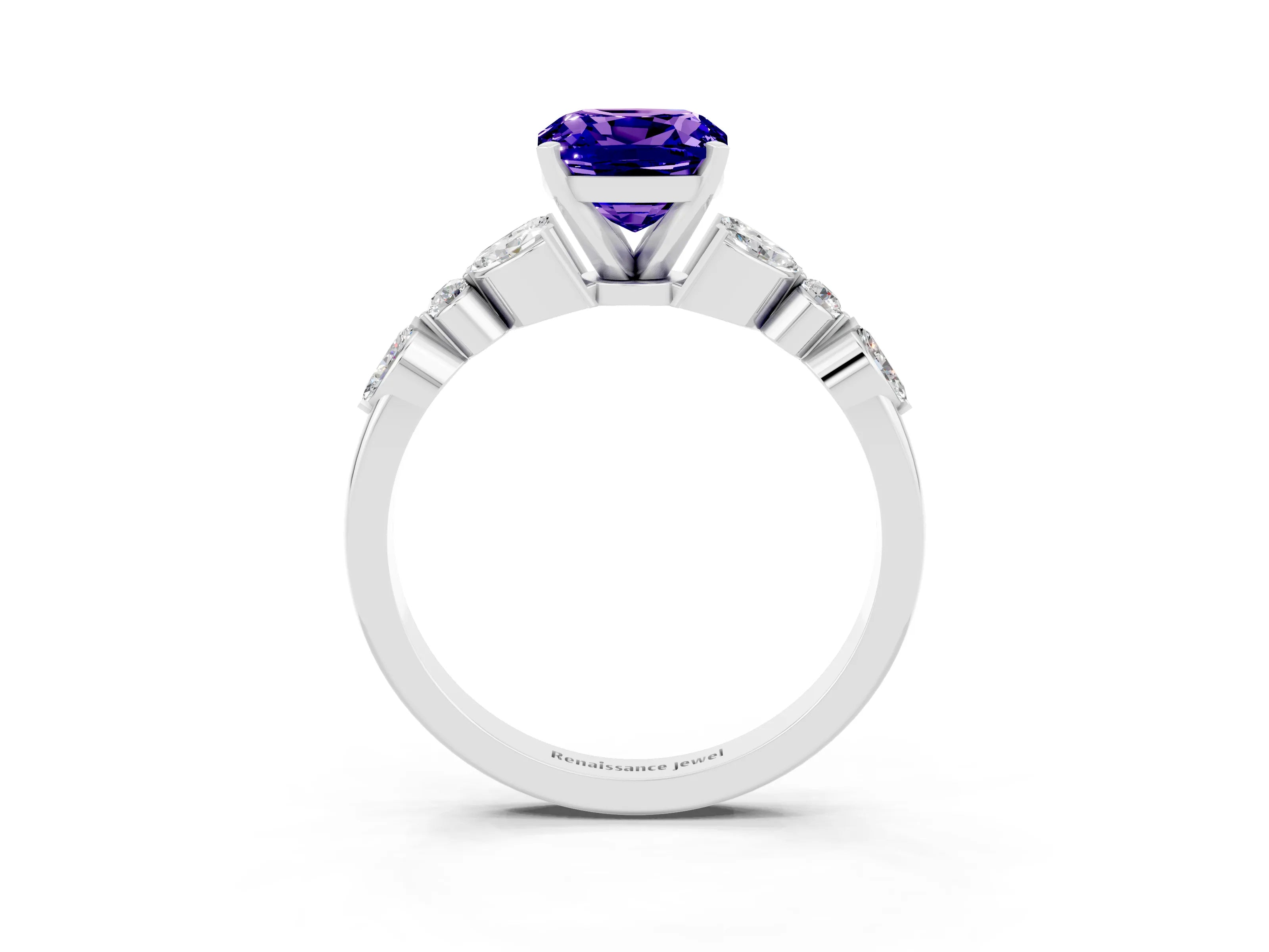 White gold Cushion Cut Tanzanite Solitaire Ring with Side Stones and Four-Prong Setting_15