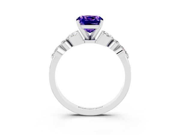 Platinum Cushion Cut Tanzanite Solitaire Ring with Side Stones and Four-Prong Setting