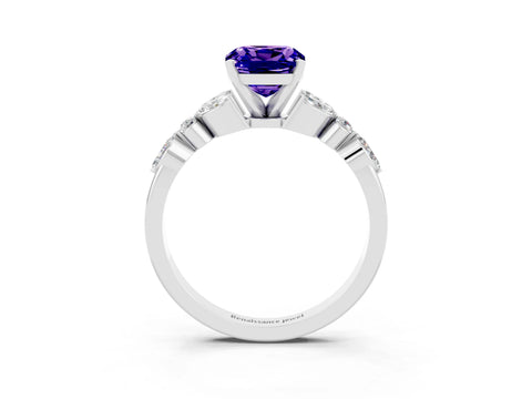 White gold Cushion Cut Tanzanite Solitaire Ring with Side Stones and Four-Prong Setting_15