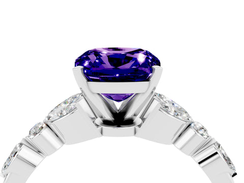 White gold Cushion Cut Tanzanite Solitaire Ring with Side Stones and Four-Prong Setting_16