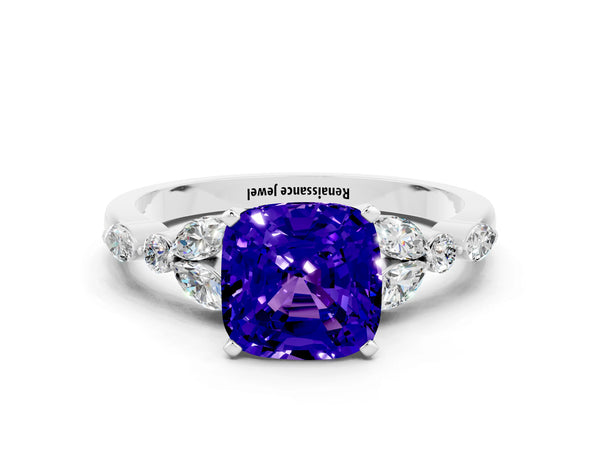 White gold Cushion Cut Tanzanite Solitaire Ring with Side Stones and Four-Prong Setting