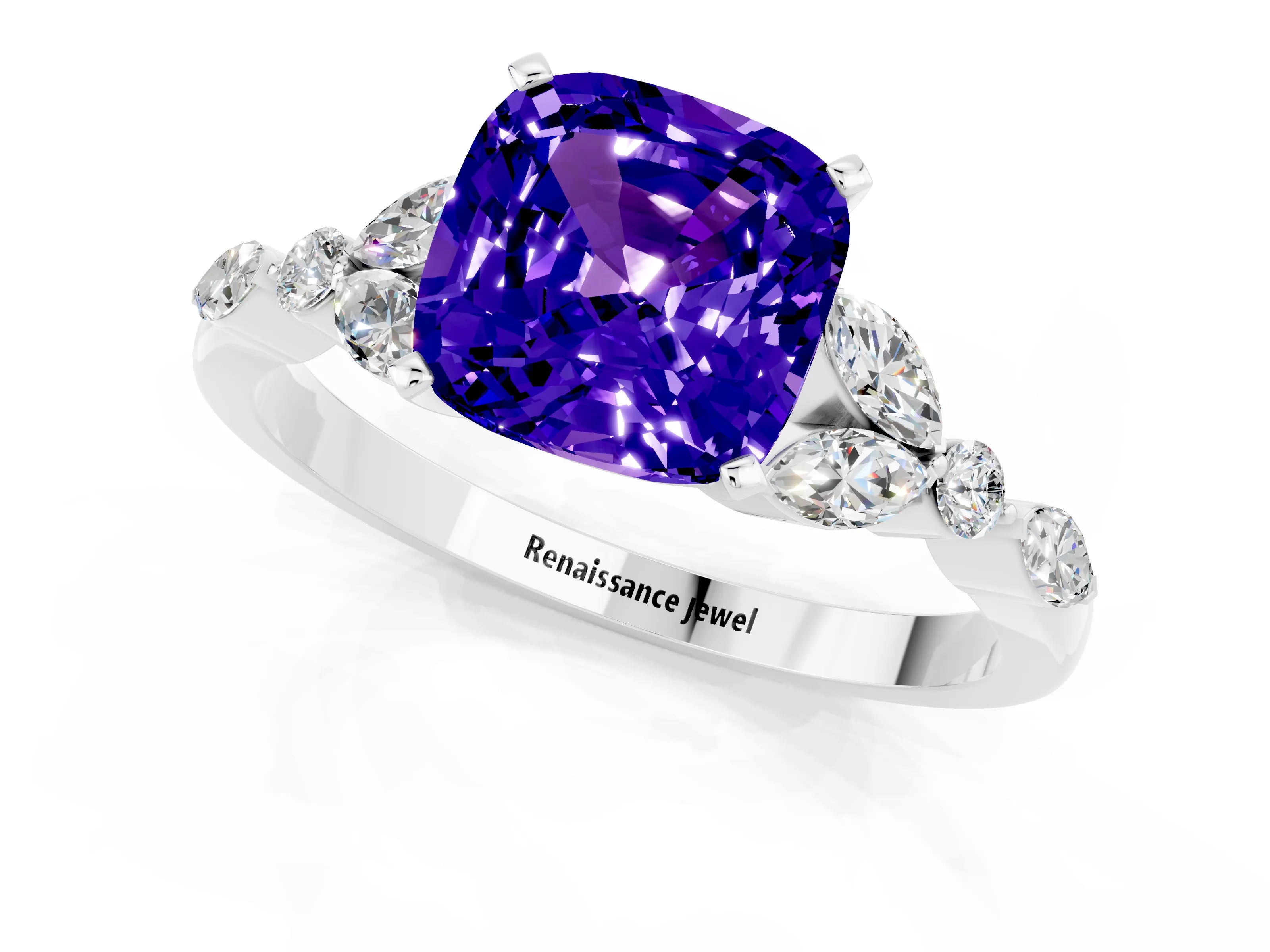White gold Cushion Cut Tanzanite Solitaire Ring with Side Stones and Four-Prong Setting_25