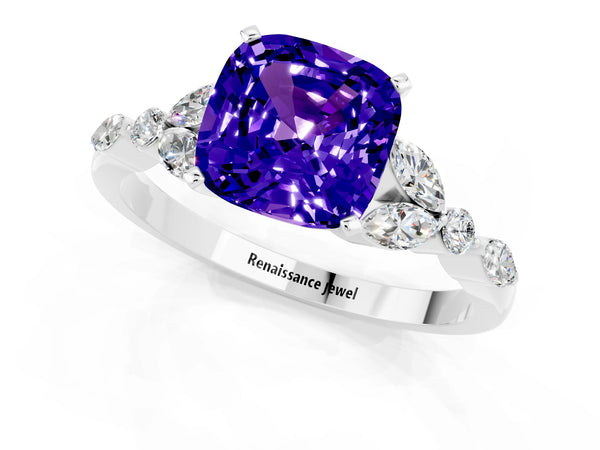 White gold Cushion Cut Tanzanite Solitaire Ring with Side Stones and Four-Prong Setting