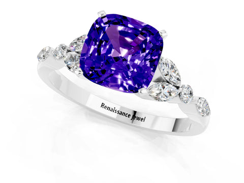 White gold Cushion Cut Tanzanite Solitaire Ring with Side Stones and Four-Prong Setting_25