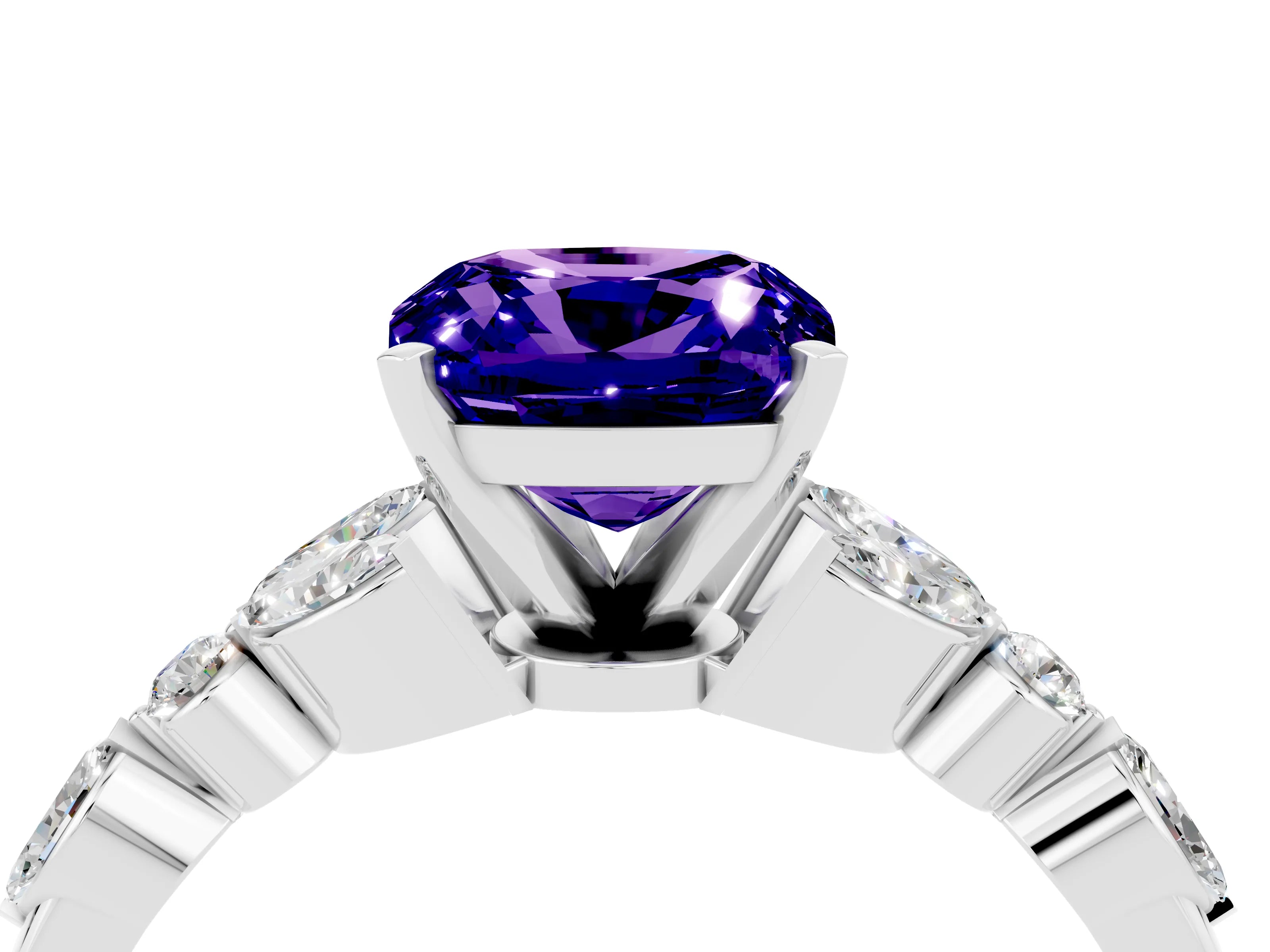 White gold Cushion Cut Tanzanite Solitaire Ring with Side Stones and Four-Prong Setting_28