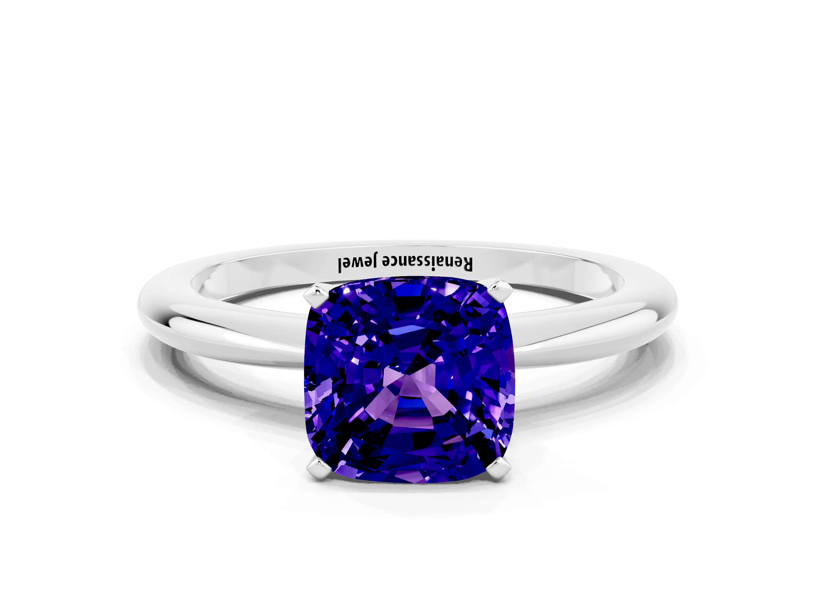 White gold Cushion Cut Tanzanite Solitaire Ring with Six-Prong Setting and Classic Band