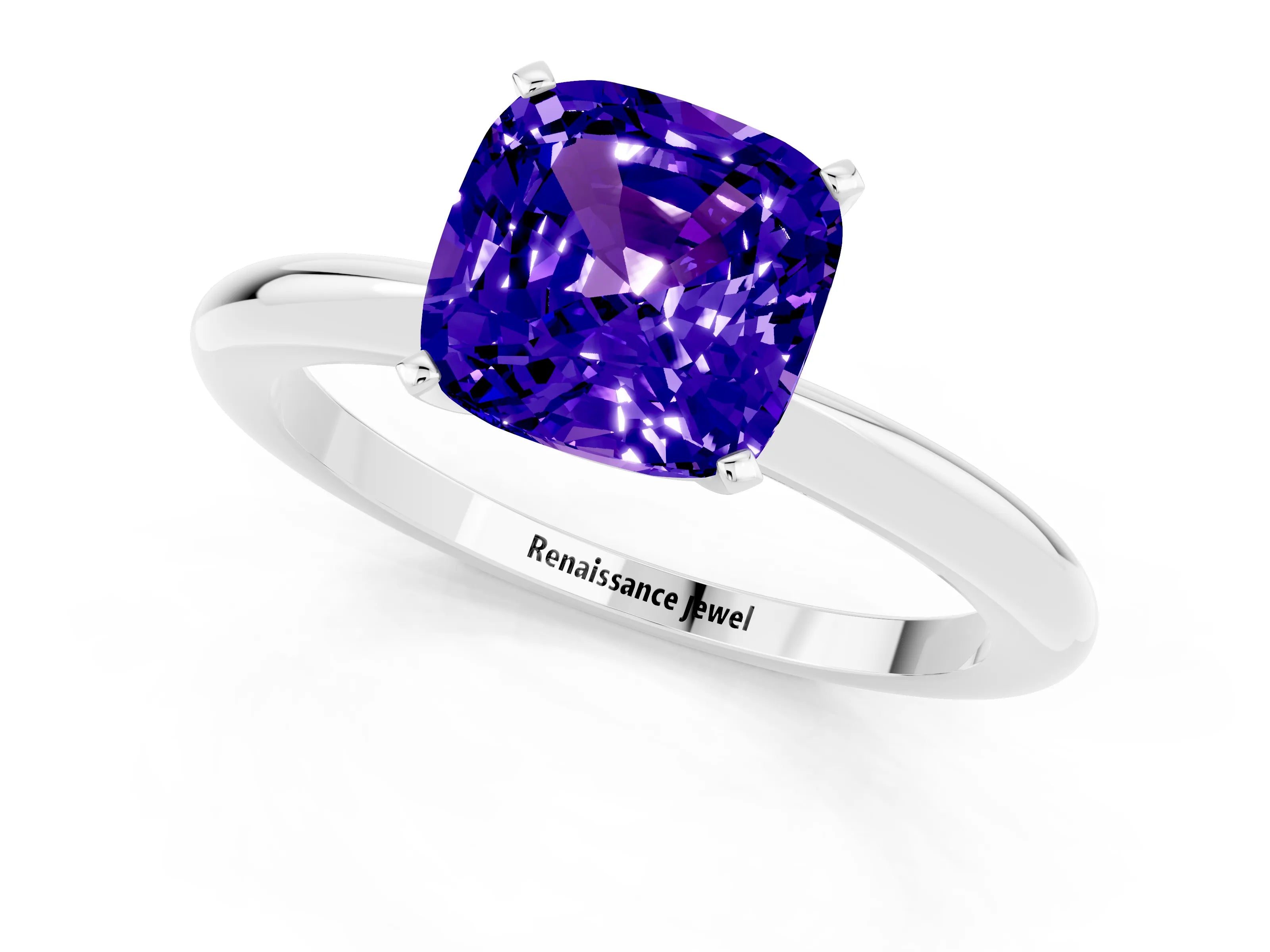 White gold Cushion Cut Tanzanite Solitaire Ring with Six-Prong Setting and Classic Band_1