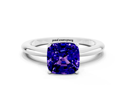White gold Cushion Cut Tanzanite Solitaire Ring with Six-Prong Setting and Classic Band
