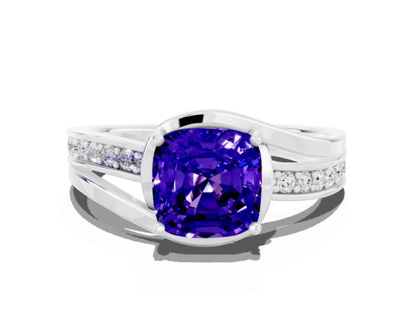 Platinum Cushion Cut Tanzanite Solitaire Ring with Split Shank and Prong Setting