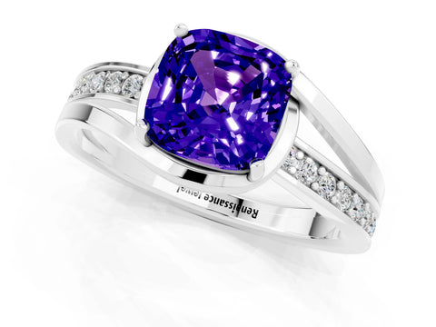 White gold Cushion Cut Tanzanite Solitaire Ring with Split Shank and Prong Setting_1