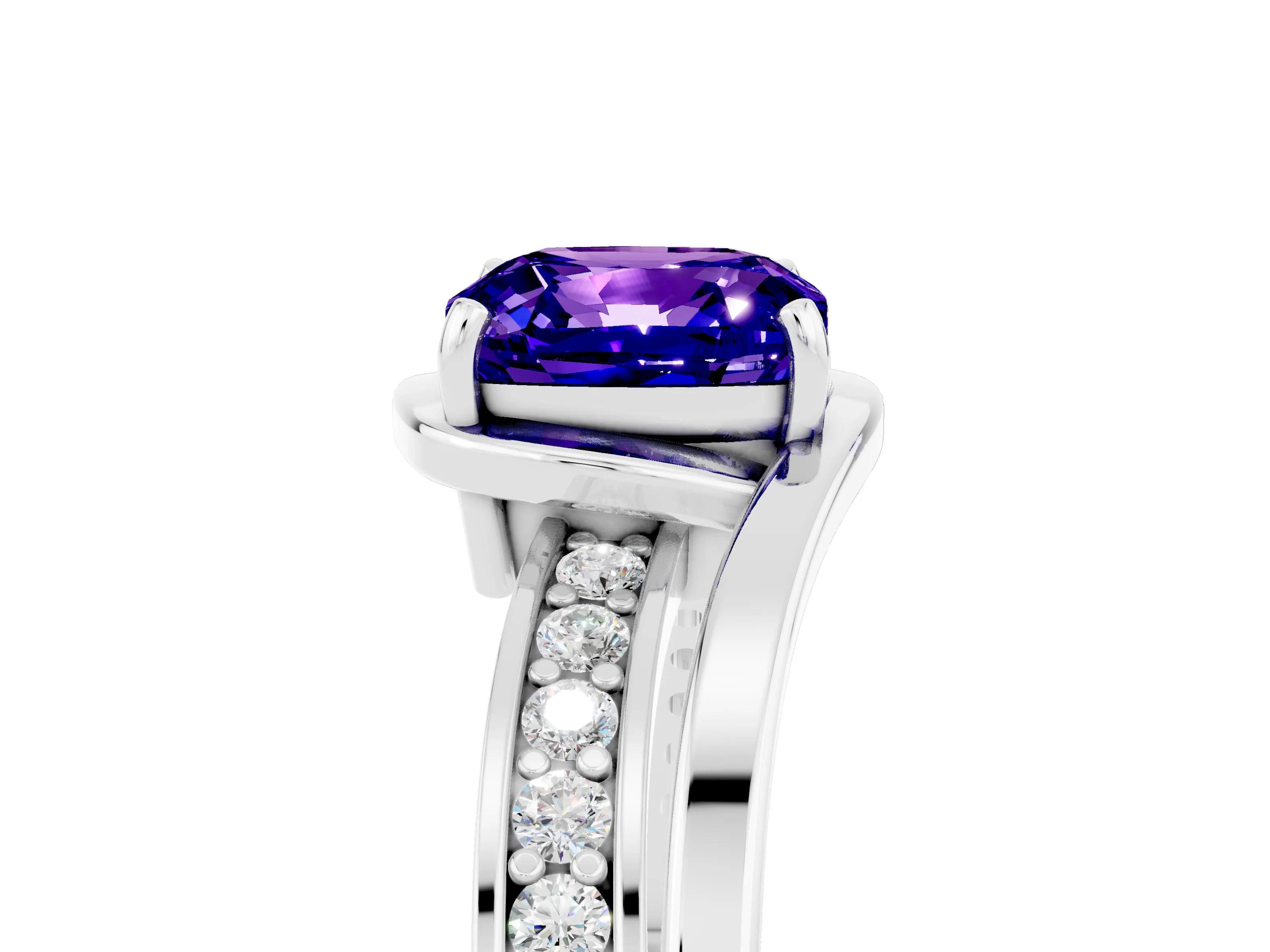 White gold Cushion Cut Tanzanite Solitaire Ring with Split Shank and Prong Setting_5