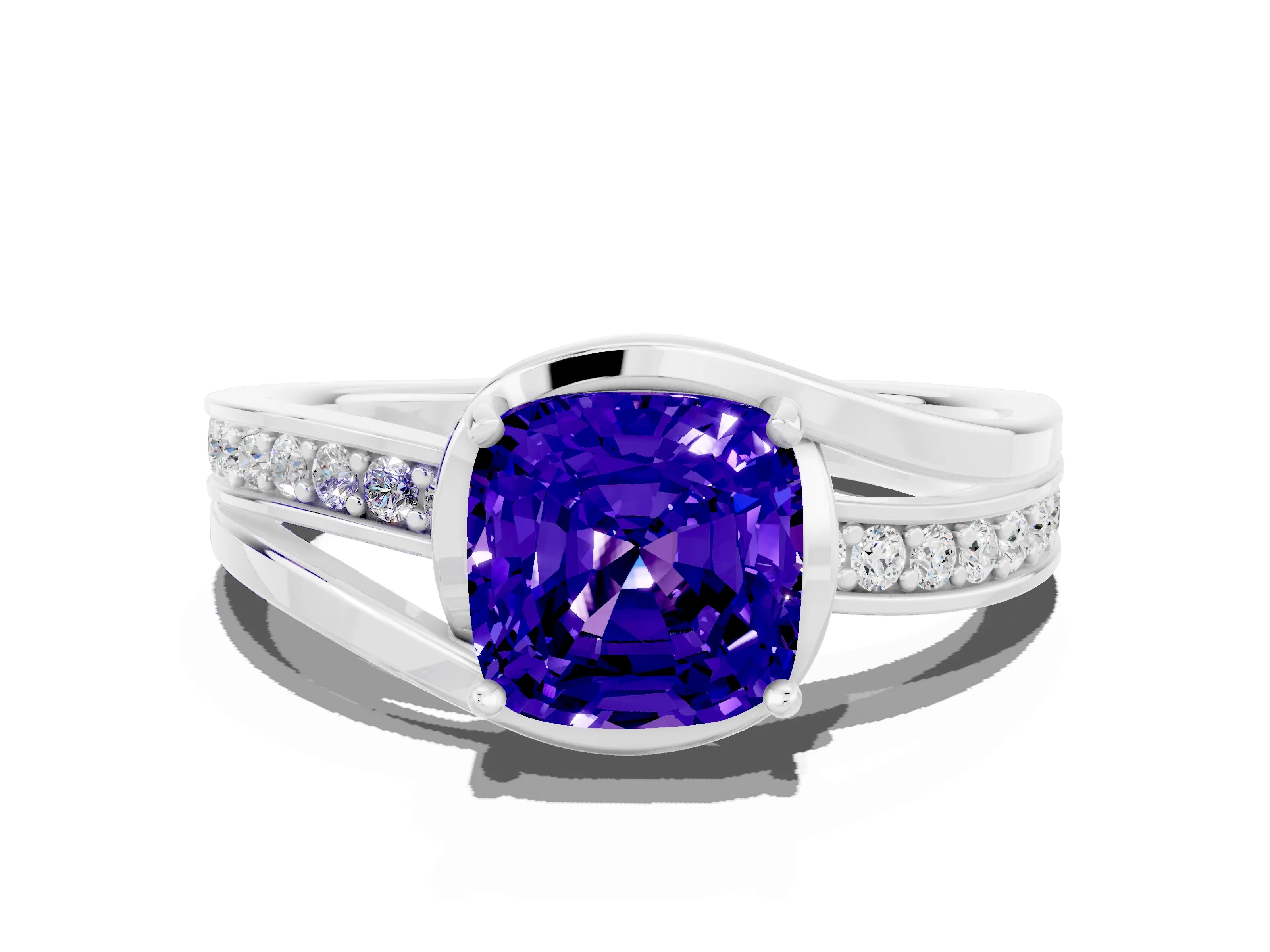 White gold Cushion Cut Tanzanite Solitaire Ring with Split Shank and Prong Setting
