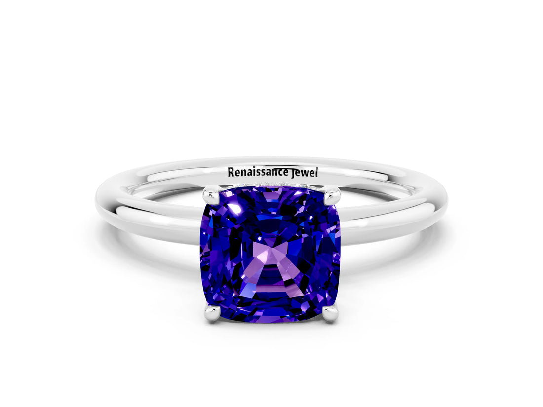 White gold Cushion Cut Tanzanite Solitaire Ring with Thin Band and Four-Prong Setting