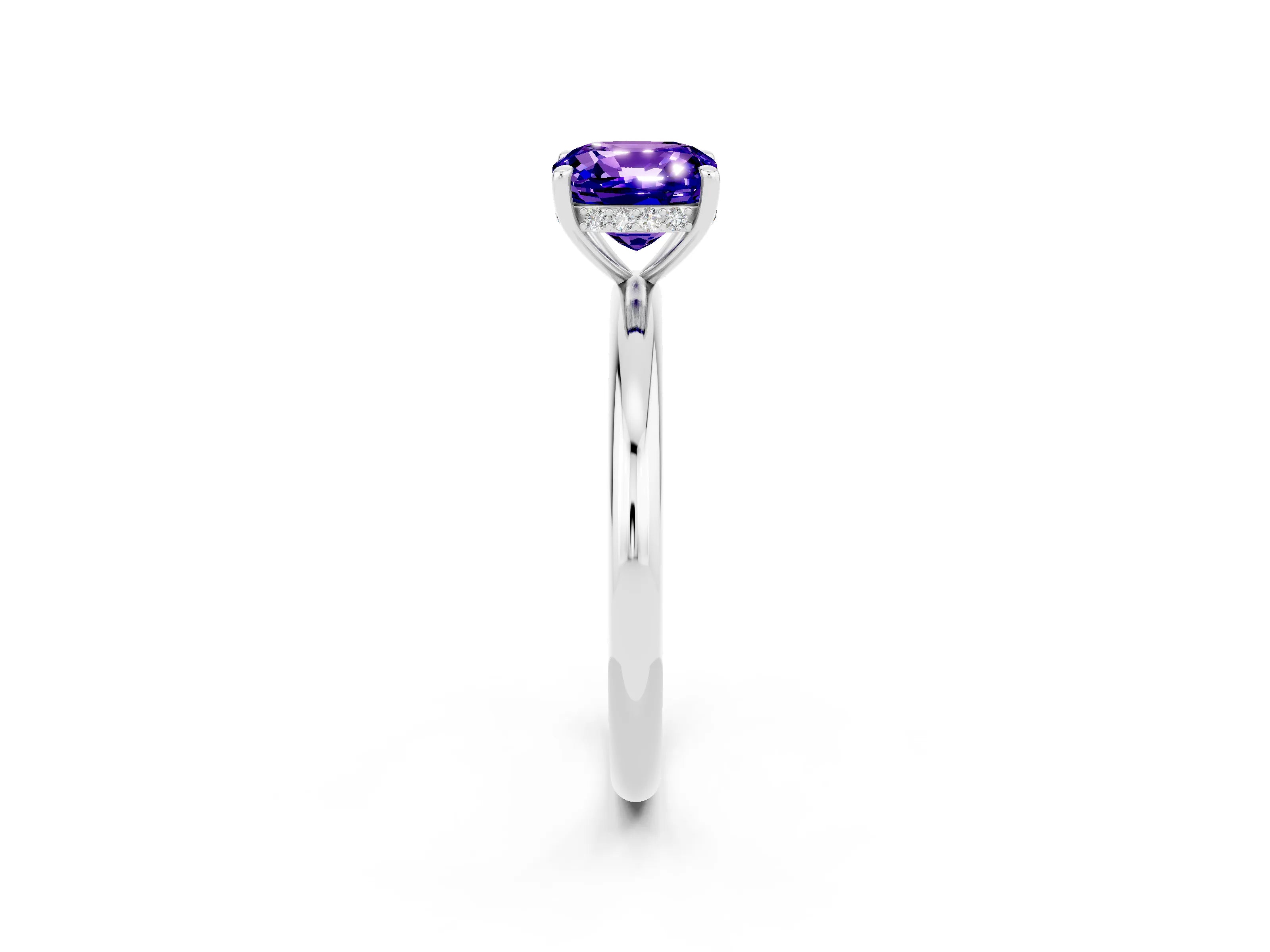 White gold Cushion Cut Tanzanite Solitaire Ring with Thin Band and Four-Prong Setting_2
