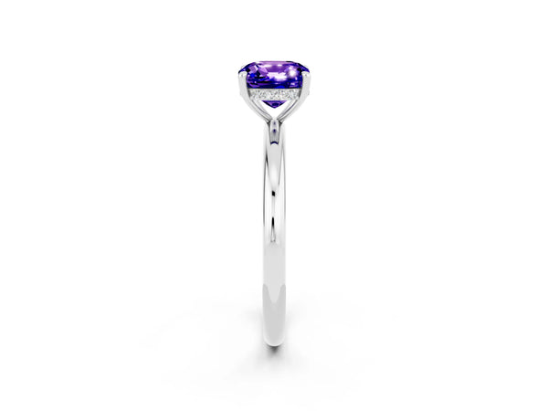 Silver Cushion Cut Tanzanite Solitaire Ring with Thin Band and Four-Prong Setting
