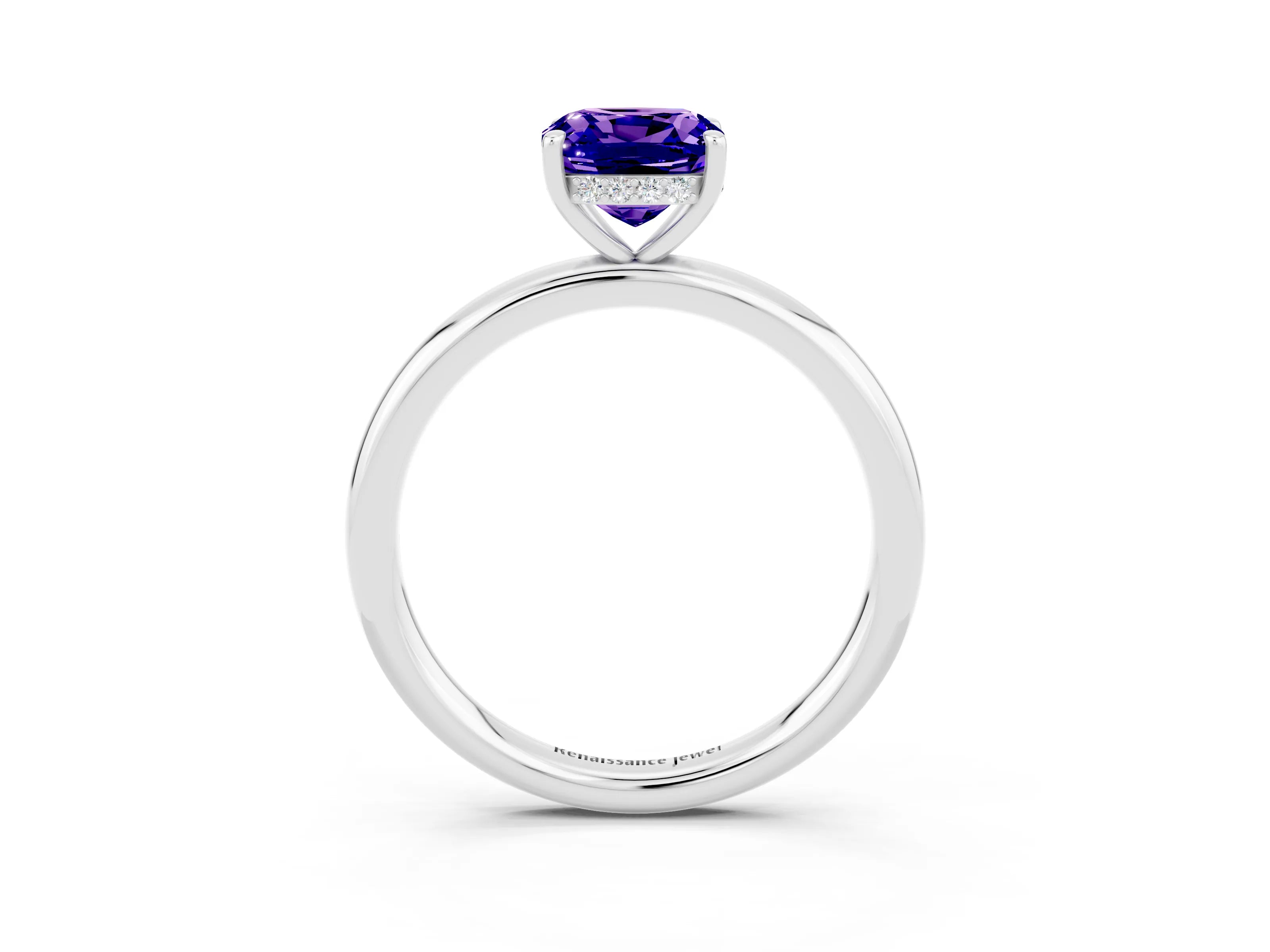 White gold Cushion Cut Tanzanite Solitaire Ring with Thin Band and Four-Prong Setting_3