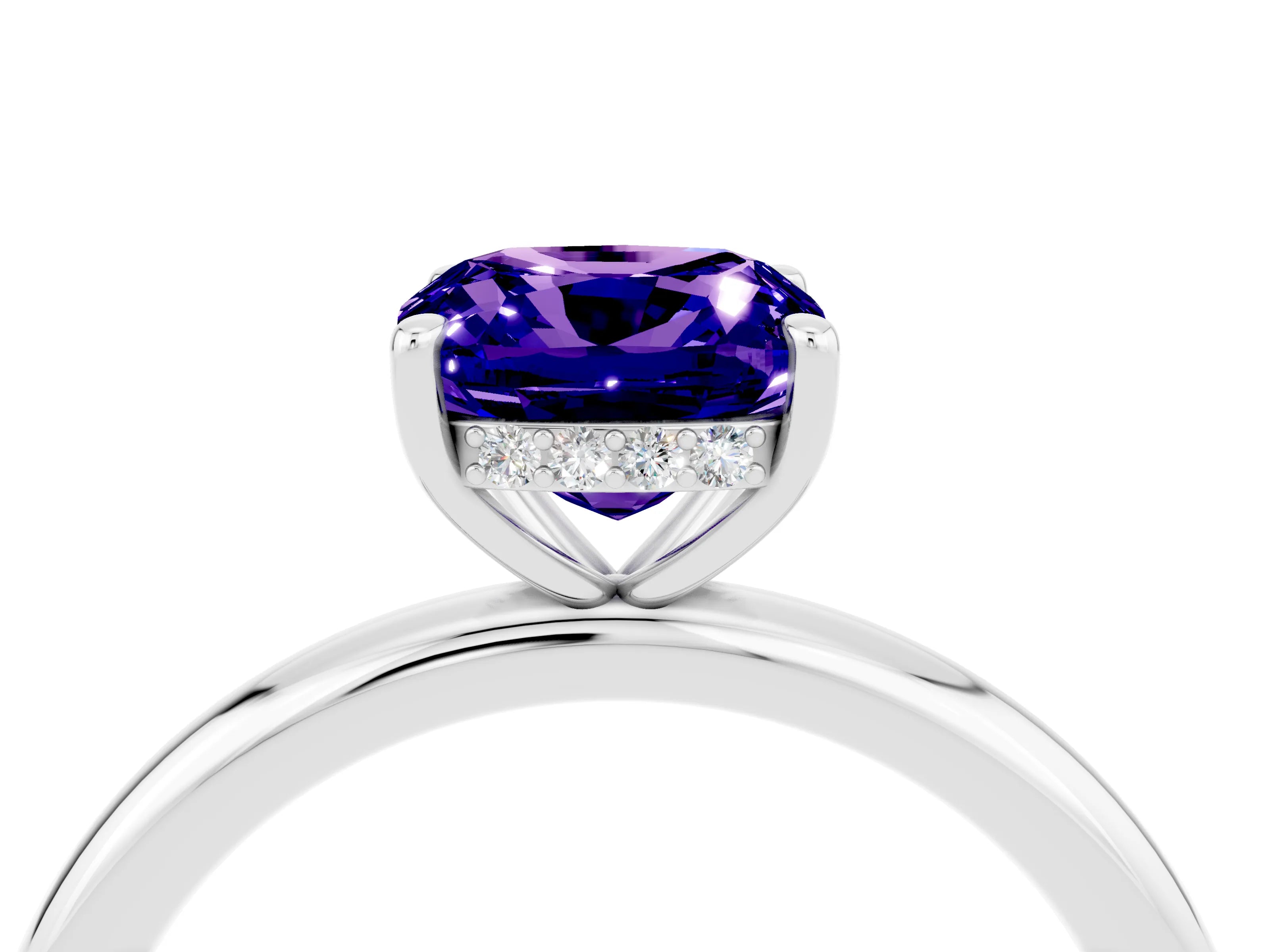 White gold Cushion Cut Tanzanite Solitaire Ring with Thin Band and Four-Prong Setting_4