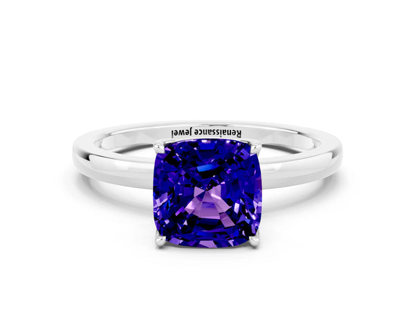 White gold Cushion Cut Tanzanite Solitaire Ring with Thin Band and Prong Setting