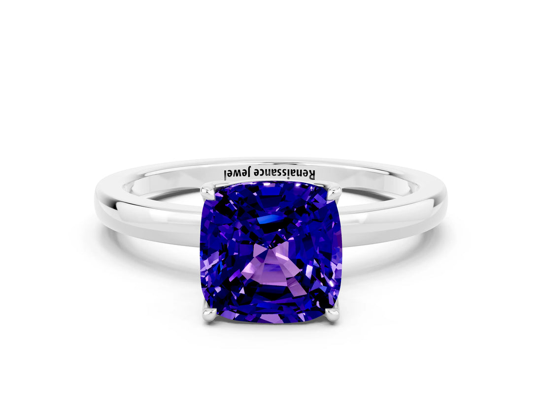 White gold Cushion Cut Tanzanite Solitaire Ring with Thin Band and Prong Setting_12