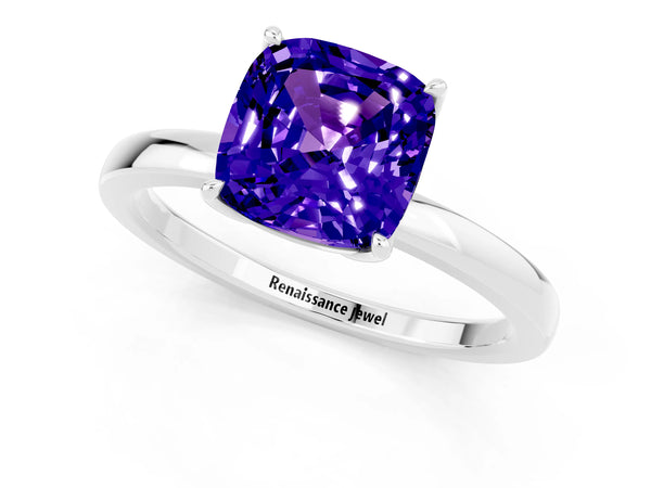 White gold Cushion Cut Tanzanite Solitaire Ring with Thin Band and Prong Setting