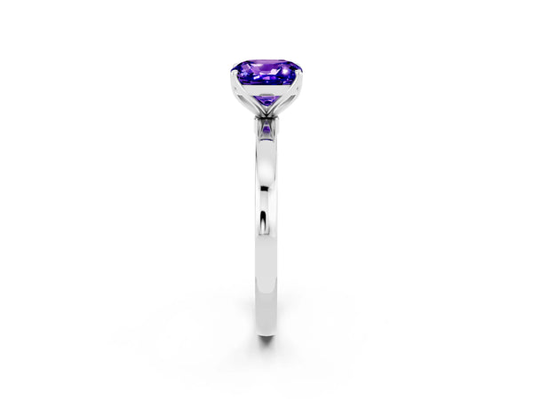 Platinum Cushion Cut Tanzanite Solitaire Ring with Thin Band and Prong Setting