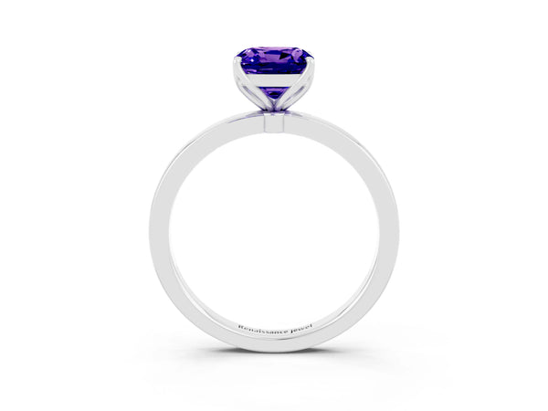 Platinum Cushion Cut Tanzanite Solitaire Ring with Thin Band and Prong Setting