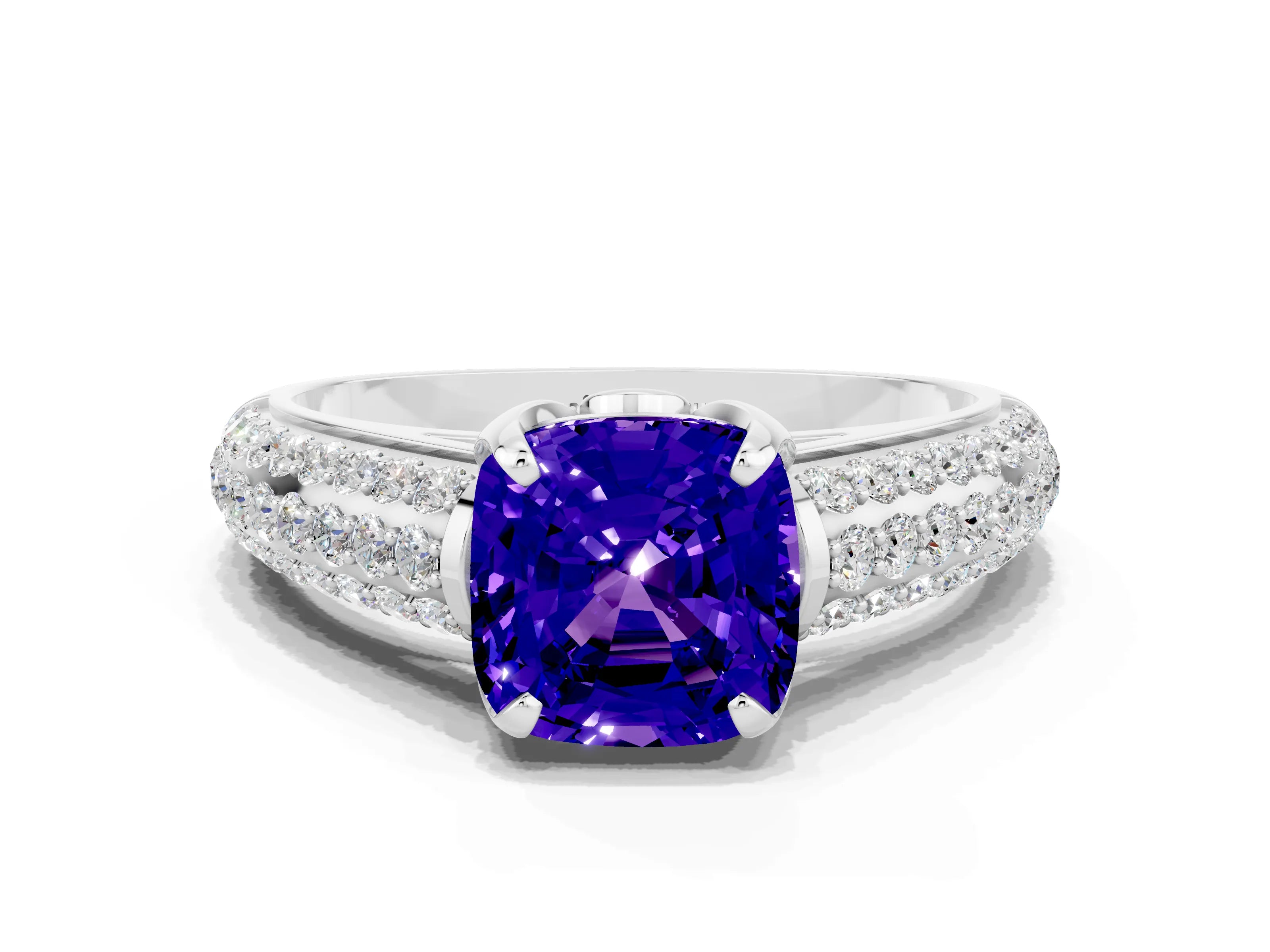 White gold Cushion Cut Tanzanite Solitaire Ring with Three-Row Pavé Band and Four-Prong Setting_12