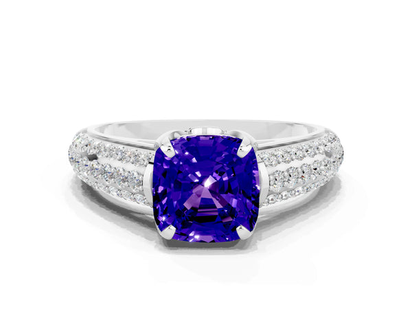 Silver Cushion Cut Tanzanite Solitaire Ring with Three-Row Pavé Band and Four-Prong Setting