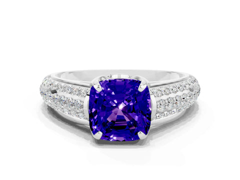 White gold Cushion Cut Tanzanite Solitaire Ring with Three-Row Pavé Band and Four-Prong Setting_12