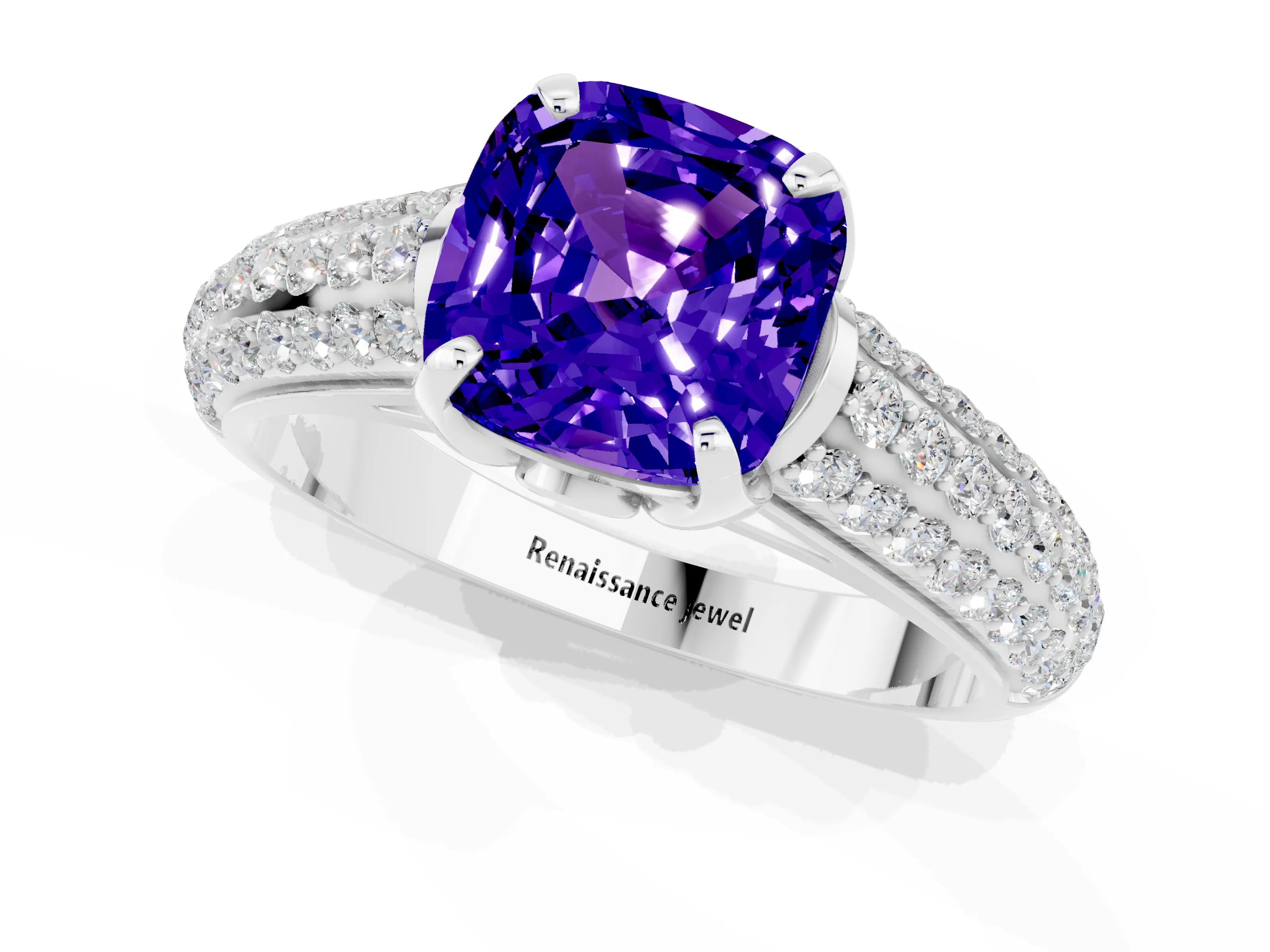 White gold Cushion Cut Tanzanite Solitaire Ring with Three-Row Pavé Band and Four-Prong Setting_13