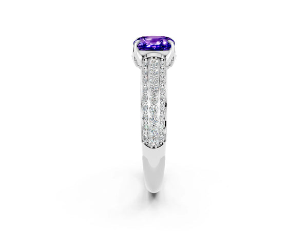 Platinum Cushion Cut Tanzanite Solitaire Ring with Three-Row Pavé Band and Four-Prong Setting