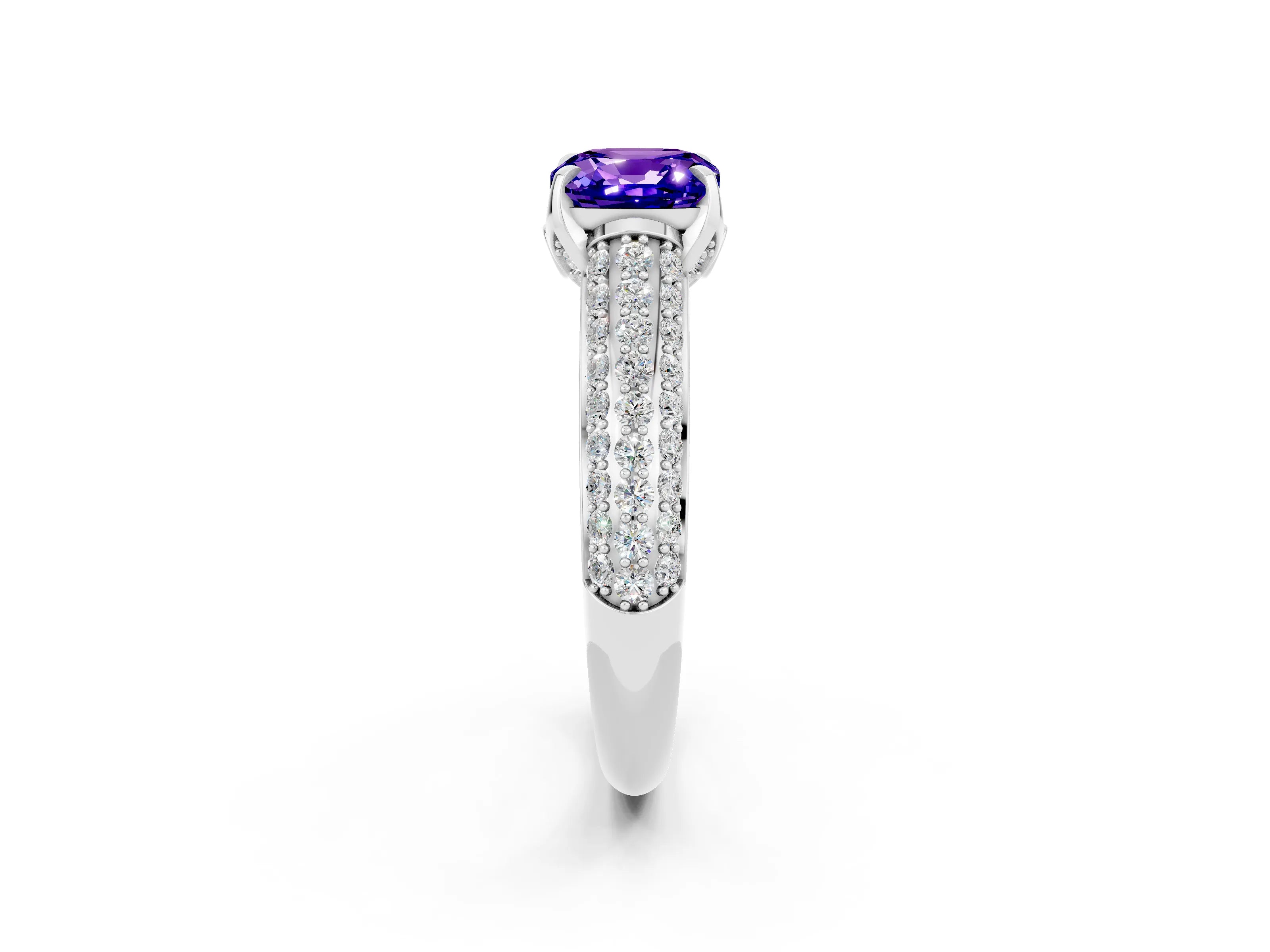 White gold Cushion Cut Tanzanite Solitaire Ring with Three-Row Pavé Band and Four-Prong Setting_14