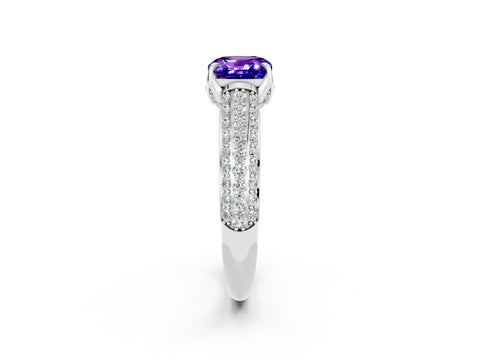 White gold Cushion Cut Tanzanite Solitaire Ring with Three-Row Pavé Band and Four-Prong Setting_14