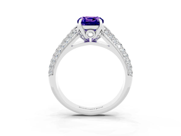 Silver Cushion Cut Tanzanite Solitaire Ring with Three-Row Pavé Band and Four-Prong Setting