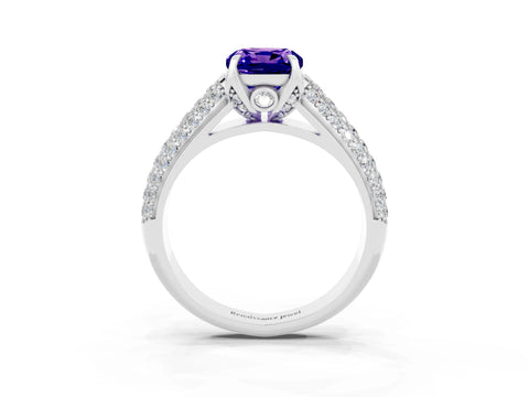 White gold Cushion Cut Tanzanite Solitaire Ring with Three-Row Pavé Band and Four-Prong Setting_15