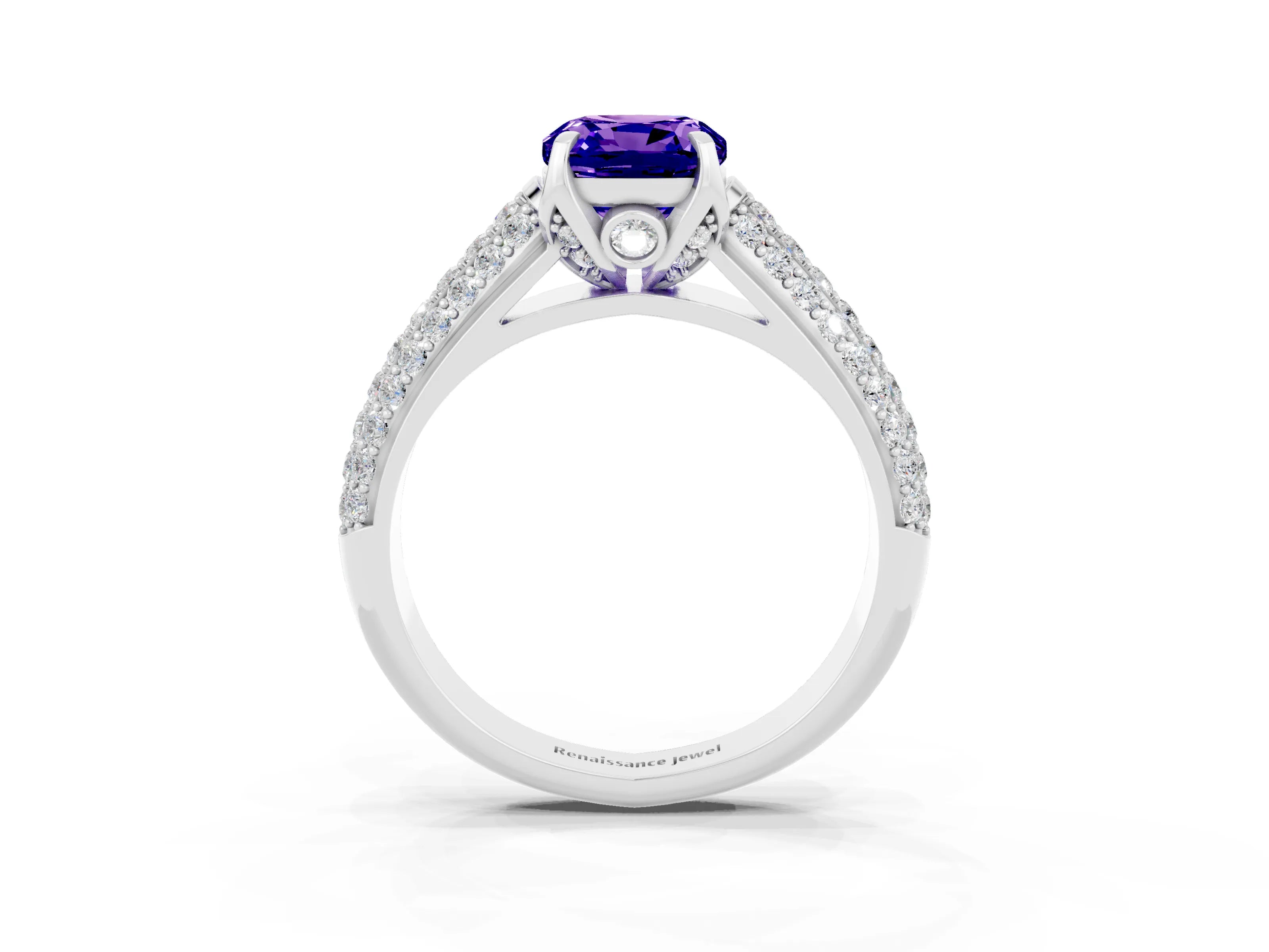 White gold Cushion Cut Tanzanite Solitaire Ring with Three-Row Pavé Band and Four-Prong Setting_15