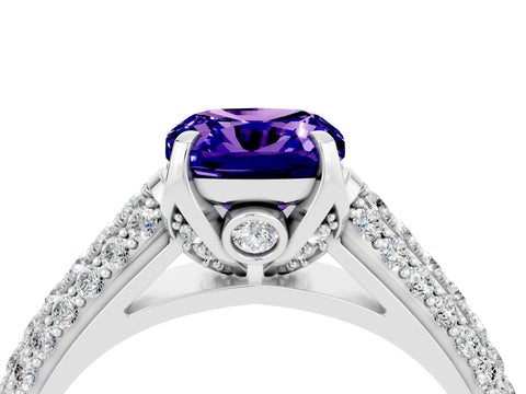 White gold Cushion Cut Tanzanite Solitaire Ring with Three-Row Pavé Band and Four-Prong Setting_16