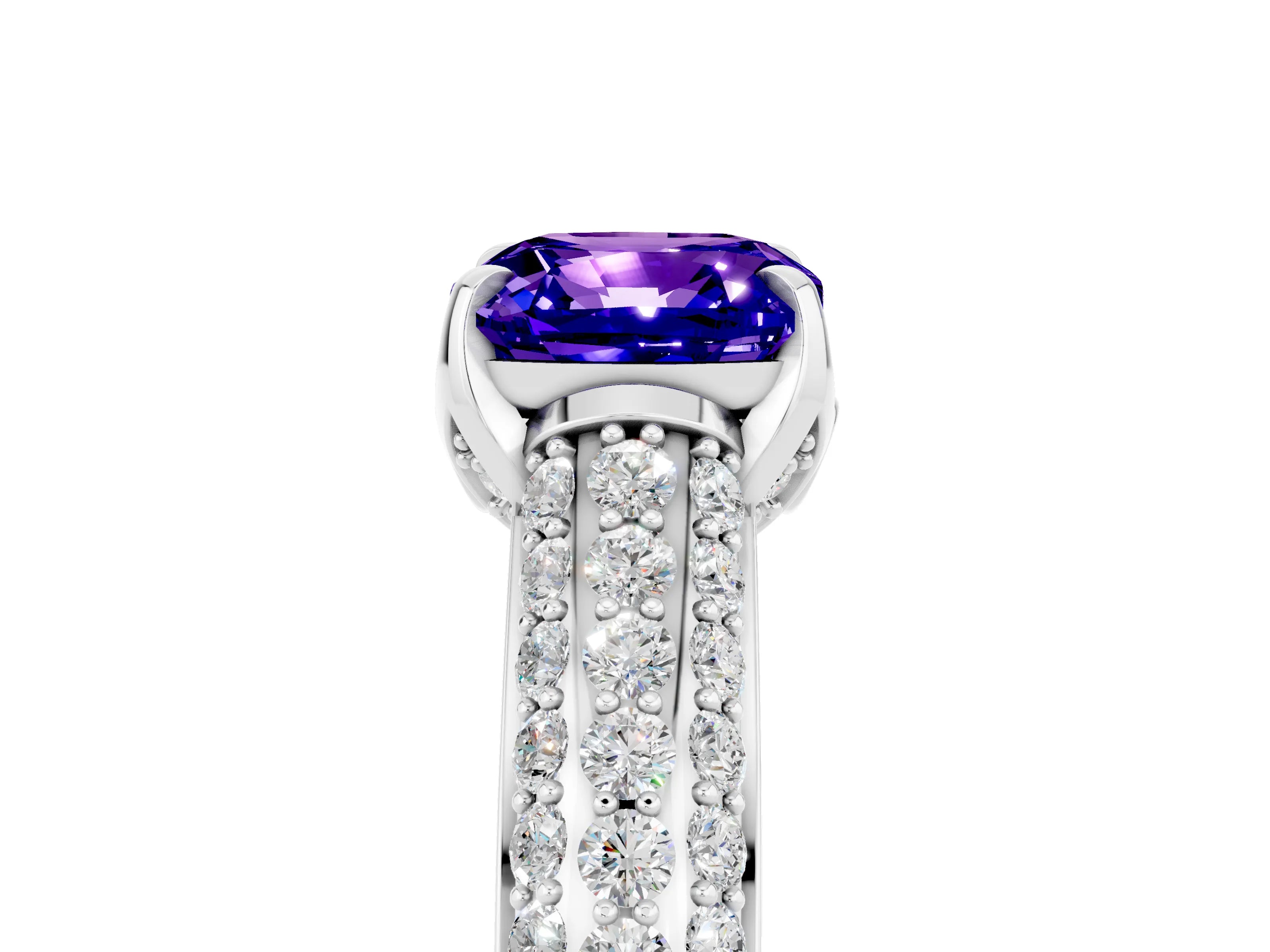 White gold Cushion Cut Tanzanite Solitaire Ring with Three-Row Pavé Band and Four-Prong Setting_17